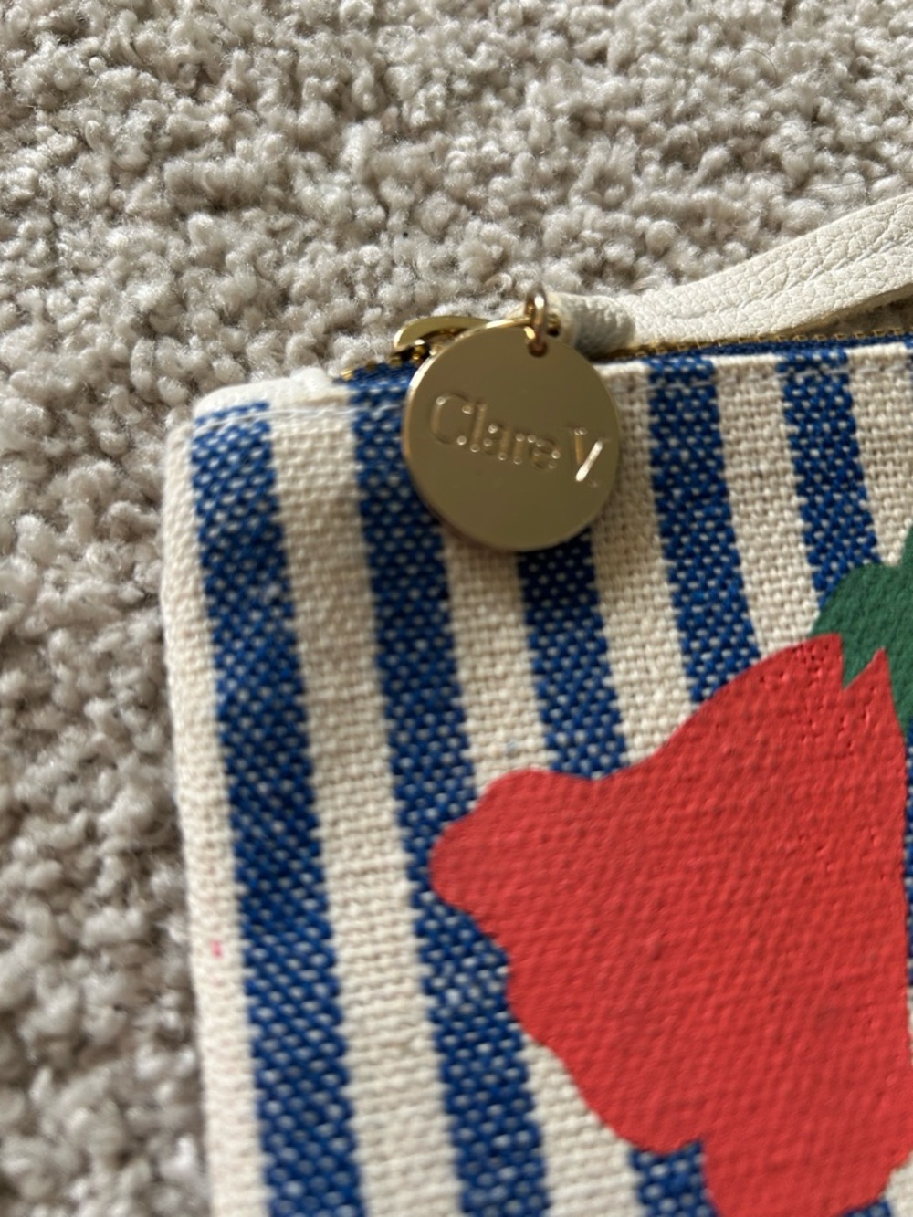 Clare V Orange Red Flower Accents Blue & White Stripe Canvas Pouch Clutch 8”X12” - Picture 3 of 6